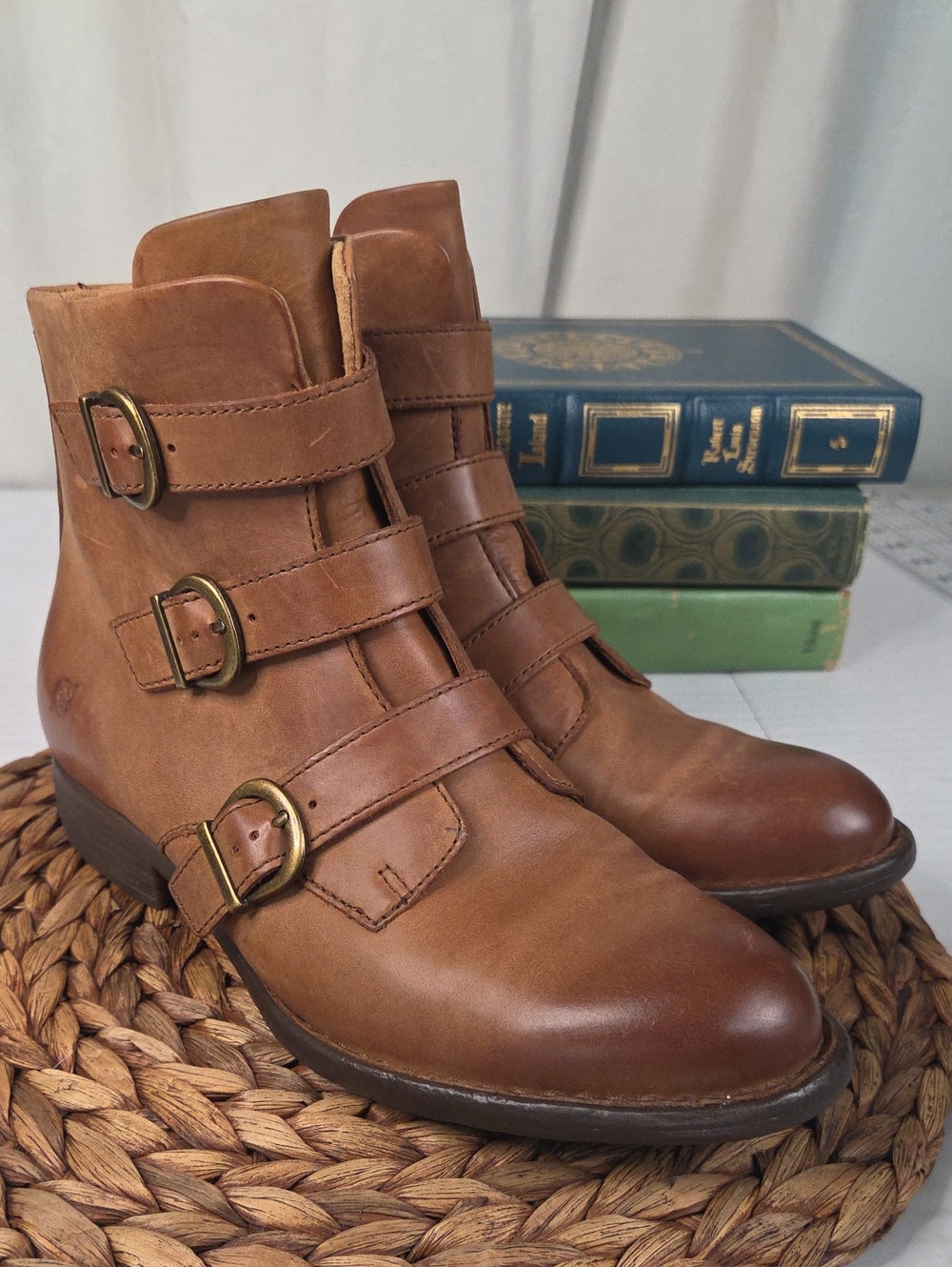 Born Triple-Buckle Leather Ankle Boots in Brown